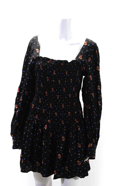 Free People Womens Floral Smocked Square Neck Long Sleeve Dress Black Size M