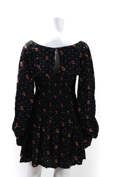 Free People Womens Floral Smocked Square Neck Long Sleeve Dress Black Size M