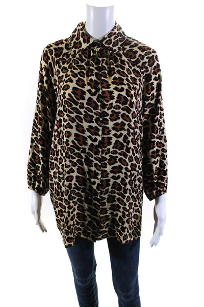 Tucker Womens Silk Animal Print Button Down Shirt Yellow Brown Size Large