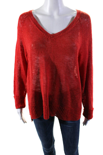 Eileen Fisher Womens Linen Long Sleeves V Neck Sweater Red Size Large