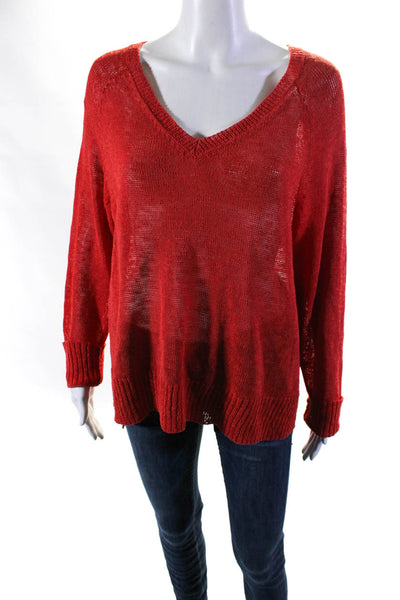 Eileen Fisher Womens Linen Long Sleeves V Neck Sweater Red Size Large