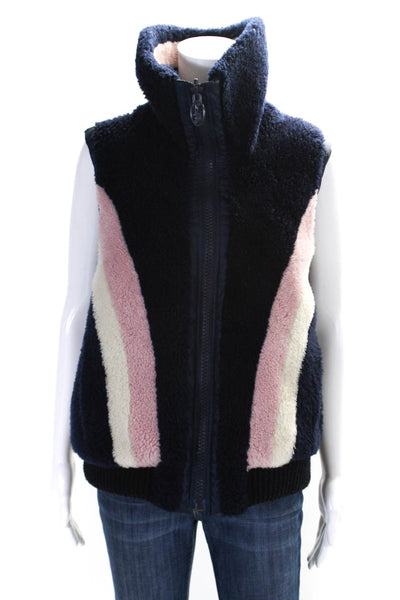 Coach Womens Striped Shearling Full Zip Puffer Vest Navy Pink White Size 8