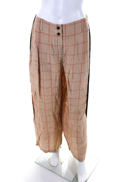 Alysi Womens Pleated Grid Print High-Rise Wide Leg Pants Beige Size 4