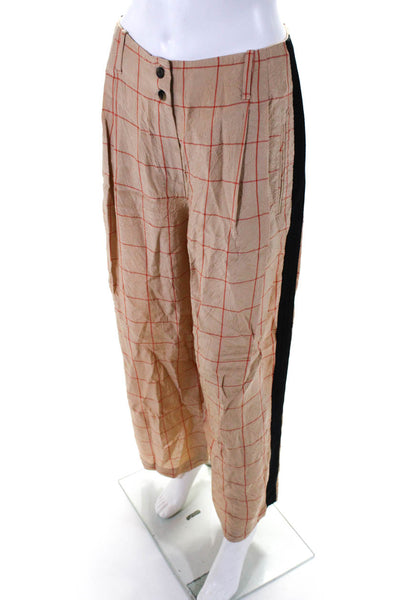 Alysi Womens Pleated Grid Print High-Rise Wide Leg Pants Beige Size 4