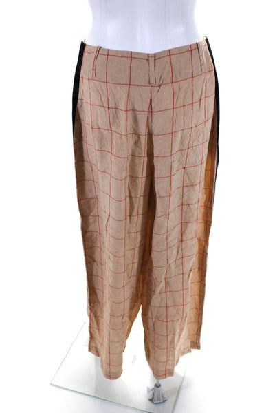 Alysi Womens Pleated Grid Print High-Rise Wide Leg Pants Beige Size 4