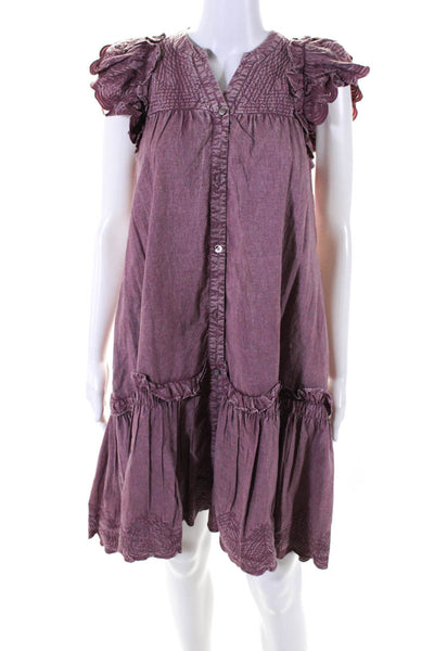 Sea Women's Round Neck Sleeveless Button Down Tiered Midi Dress Purple Size S