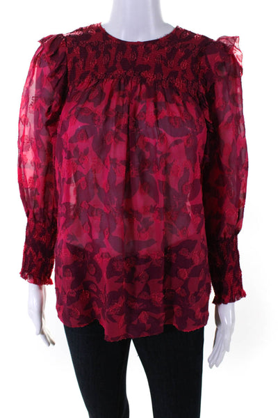 Joie Women's Round Neck Long Sleeves Smocked Ruffle Blouse Red Size S