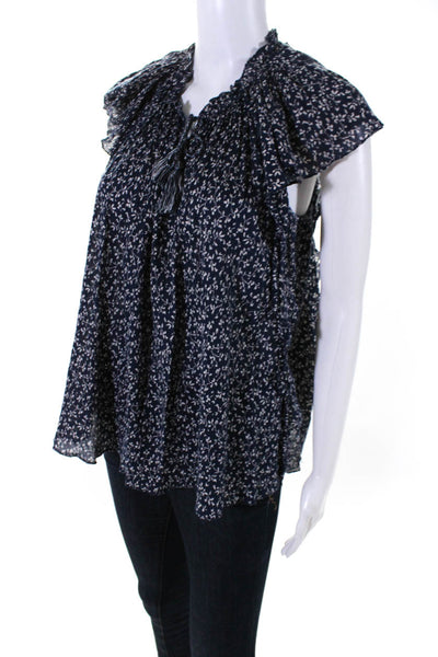 Ulla Johnson Women's V-Neck Tassel Short Sleeves Flowy Floral Blouse Size 6