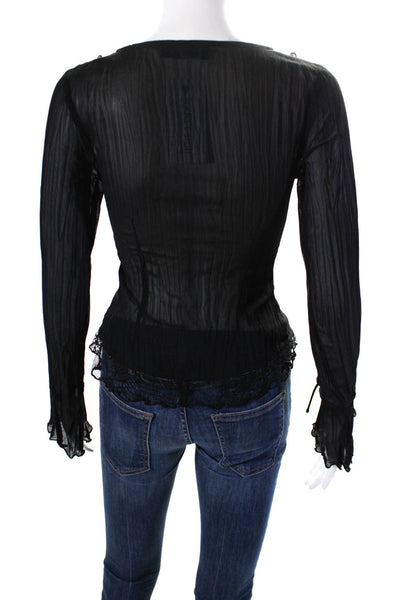 Tiger Mist Womens Pleated Long Sleeve Button Up Lace Trim Top Blouse Black XS