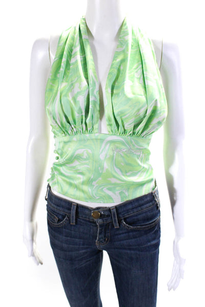 House Of Sunny Womens Marbled Satin Halter Crop Top Blouse Green Size 2