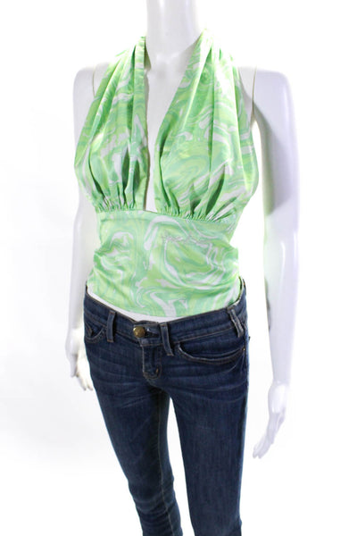 House Of Sunny Womens Marbled Satin Halter Crop Top Blouse Green Size 2