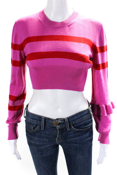 Maggie Marilyn Womens Crew Neck Cropped Striped Sweater Pink Red Size Small