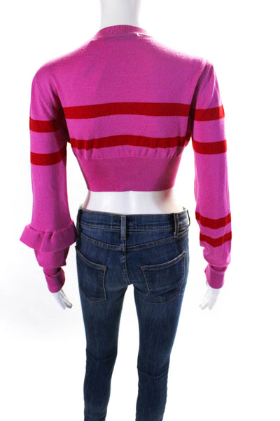 Maggie Marilyn Womens Crew Neck Cropped Striped Sweater Pink Red Size Small