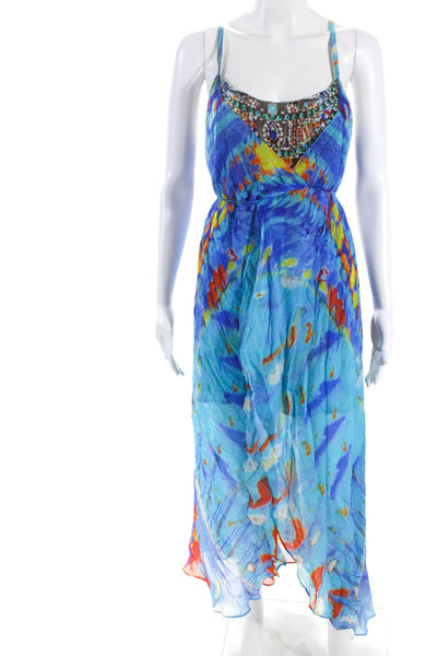 Camilla Womens Blue Abstract Print Bedazzled Sleeveless Hi-Low Dress Size 2