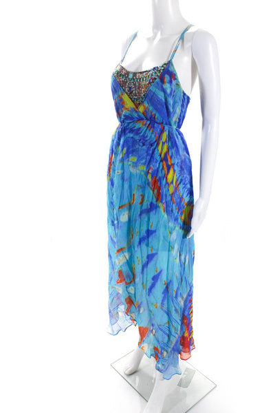 Camilla Womens Blue Abstract Print Bedazzled Sleeveless Hi-Low Dress Size 2