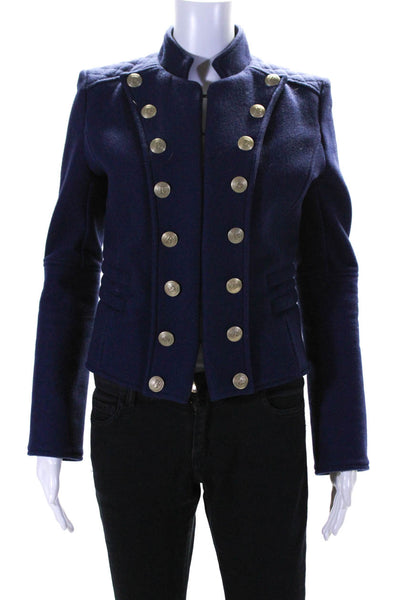 Pierre Balmain Womens Wool Blend High Neck Hook Closure Coat Navy Size 36