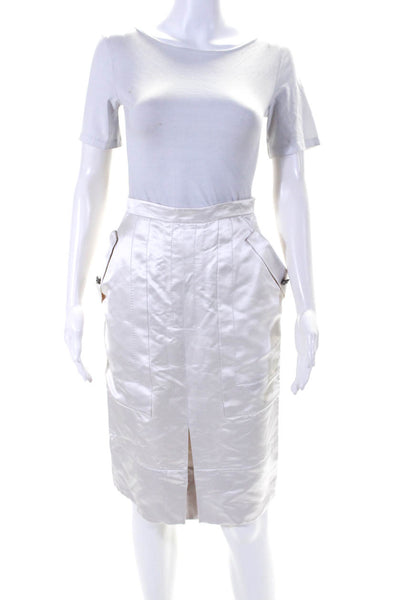 Valentino Womens Silk Jeweled Buttoned Zipped Midi Straight Skirt White Size 8