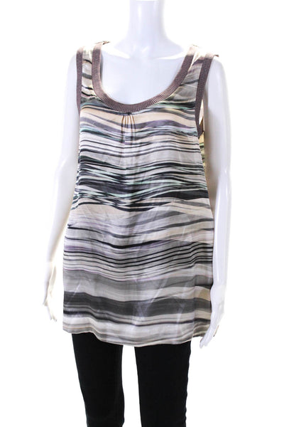 Escada Womens Silk Striped Print Round Neck Tank Top Blouse Brown Size EUR40