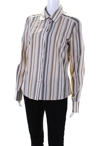 Elie Tahari Womens Cotton Striped Print Button Cuff Long Sleeve Top Brown Size M