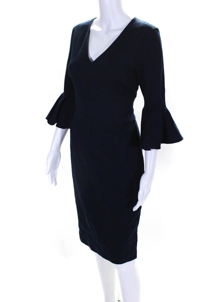 Trina Turk Women's V-Neck Bell Sleeves Slit Hem A-Line Midi Dress Blue Size2