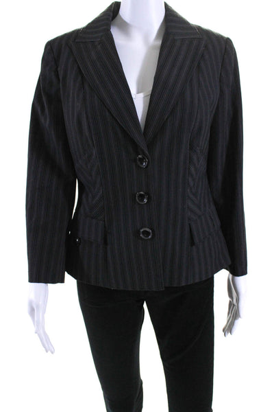 Insight Womens Striped V-Neck Peak Collar Three Button Blazer Black Size 8