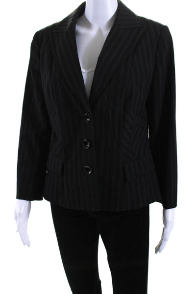 Insight Womens Striped V-Neck Peak Collar Three Button Blazer Black Size 8