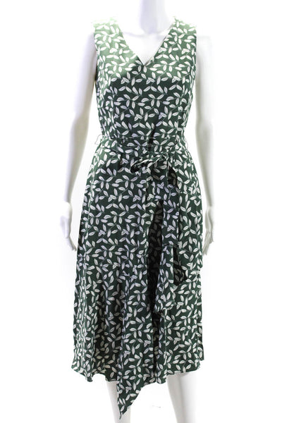 Lafayette 148 New York Womens Back Zip Belted Leaf Print Midi Dress Green Size 4