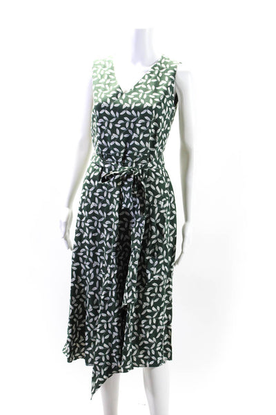 Lafayette 148 New York Womens Back Zip Belted Leaf Print Midi Dress Green Size 4