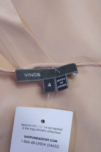 Vince Womens Long Sleeve Half Button Crew Neck Top Blouse Beige Silk Size 4