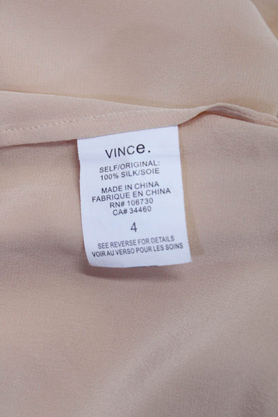 Vince Womens Long Sleeve Half Button Crew Neck Top Blouse Beige Silk Size 4