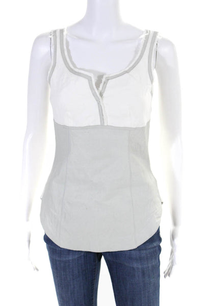 Illia Womens V Neck Ribbed Leather Trim Tank Top White Gray Size 2