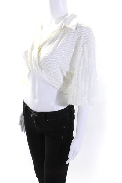 ITMFL Womens Half Sleeve Collared V Neck Sequin Crop Top White Size Small