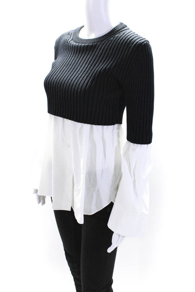 Kenzo Womens Navy White Ribbed Crew Neck Long Sleeve Sweater Blouse Top Size 34