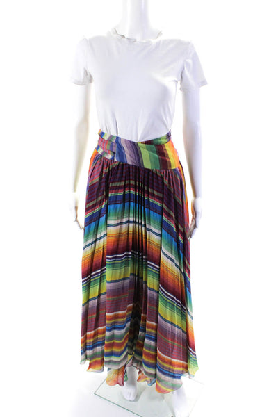 Etro Womens Rainbow Striped Chiffon Pleated Midi Wrap Skirt Multicolor Size IT44