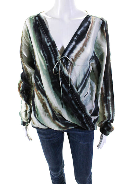 Artelier Nicole Miller Womens Marbled Stripe Wrap Blouse Brown Green Black Large