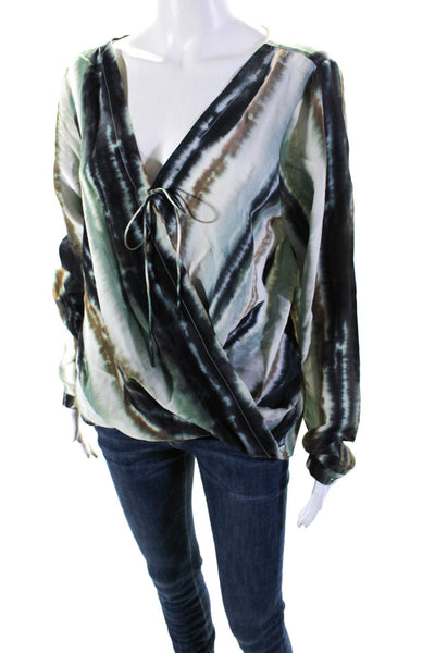 Artelier Nicole Miller Womens Marbled Stripe Wrap Blouse Brown Green Black Large