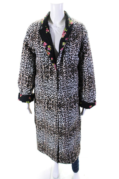 Nicole Miller Womens Quilted Floral Leopard Print Long Snap Jacket Black Medium
