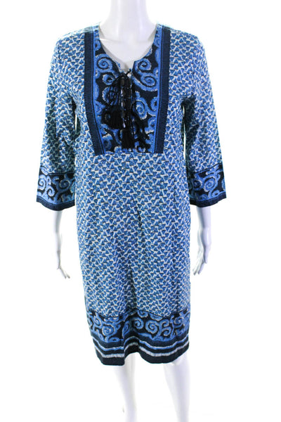 Figue Womens 3/4 Sleeve Lace Up V Neck Printed Dress Blue White Size Small