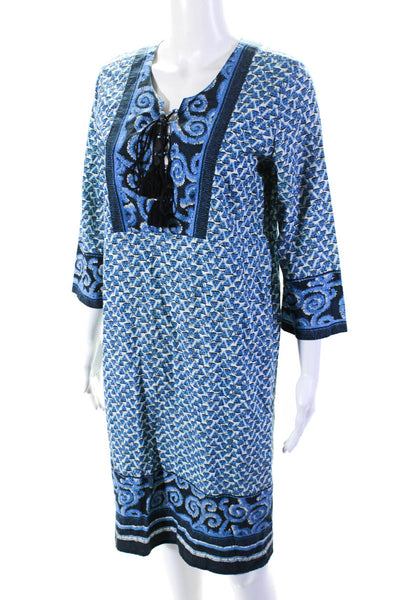 Figue Womens 3/4 Sleeve Lace Up V Neck Printed Dress Blue White Size Small