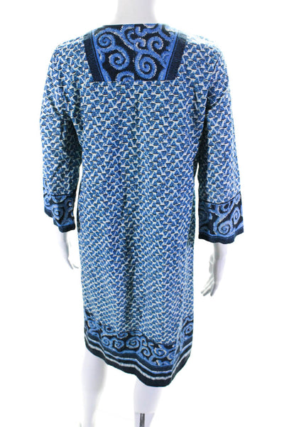 Figue Womens 3/4 Sleeve Lace Up V Neck Printed Dress Blue White Size Small