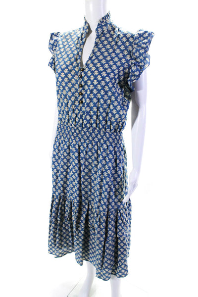 Perry Walker Womens Short Sleeve V Neck Abstract Long Dress Blue White Size 3