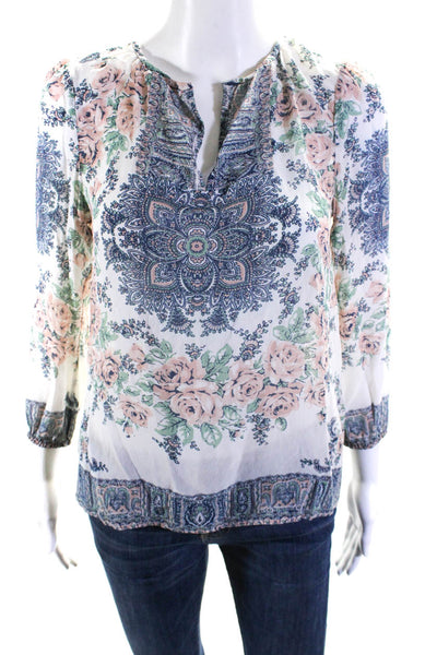 Joie Womens Cream Silk Floral Print V-Neck Long Sleeve Blouse Top Size XXS