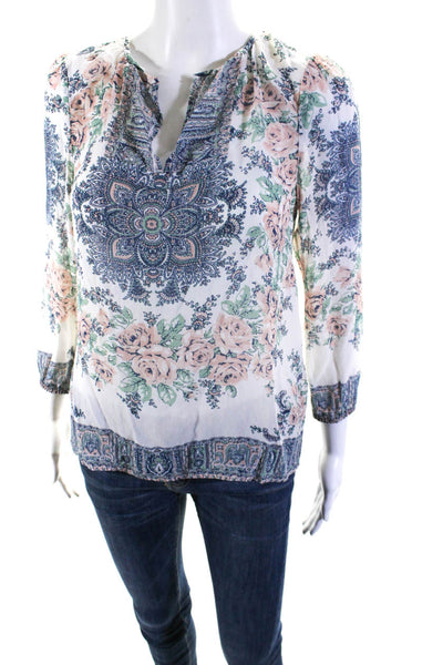 Joie Womens Cream Silk Floral Print V-Neck Long Sleeve Blouse Top Size XXS