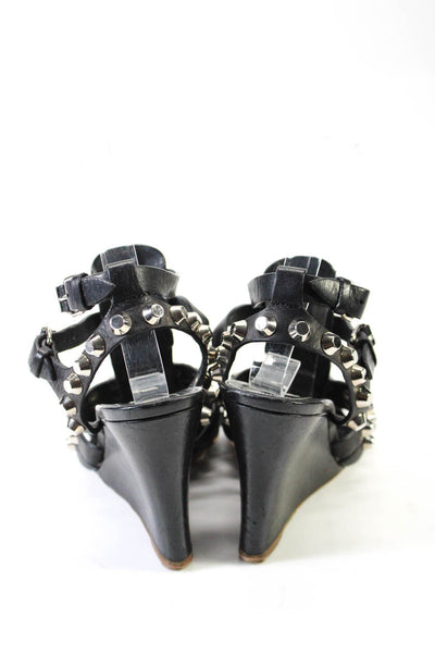 Balenciaga Paris Womens Black Leather Studded Strappy Wedge Heels Shoes Size 5