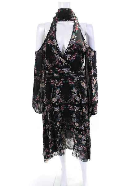 Nicholas Womens Silk Floral Print Long Sleeves A Line Maxi Dress Black Size 4