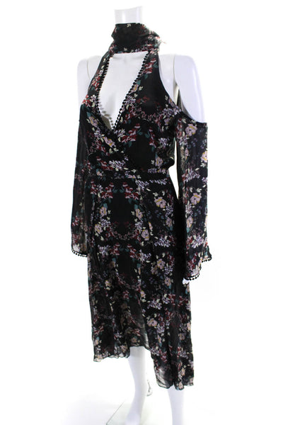 Nicholas Womens Silk Floral Print Long Sleeves A Line Maxi Dress Black Size 4