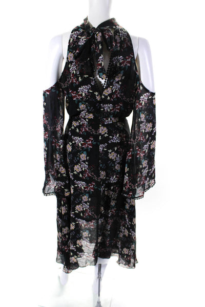 Nicholas Womens Silk Floral Print Long Sleeves A Line Maxi Dress Black Size 4