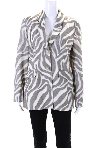 Feraud Womens Cotton Animal Print Buttoned Collared Blazer White Size 10