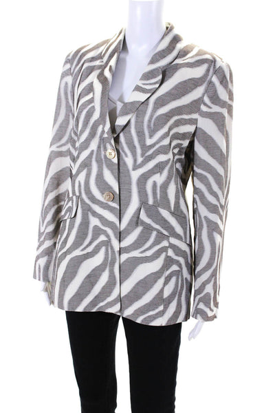 Feraud Womens Cotton Animal Print Buttoned Collared Blazer White Size 10