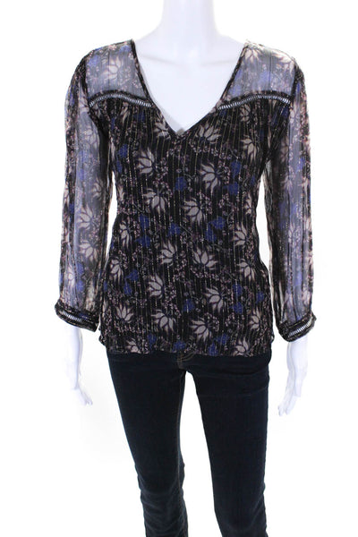 Ba&Sh Womens Floral Print Metallic Long Sleeve Round Neck Lined Top Black Size 2